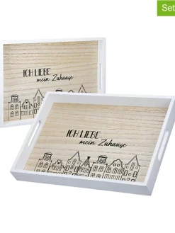 GILDE Dekofiguren & -Objekte<2er-Set Tabletts "Stadtlichter" in Weiß/ Hellbraun - (L)35 x (B)25 x (H)4 cm
