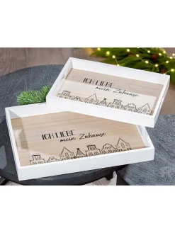 GILDE Dekofiguren & -Objekte<2er-Set Tabletts "Stadtlichter" in Weiß/ Hellbraun - (L)35 x (B)25 x (H)4 cm