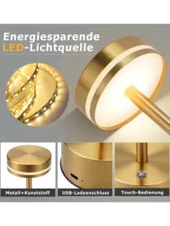 ZMH Tischleuchten<2er-Set Tischleuchte LED in gold Akku Kabellos Touch Dimmbar H 31.5cm