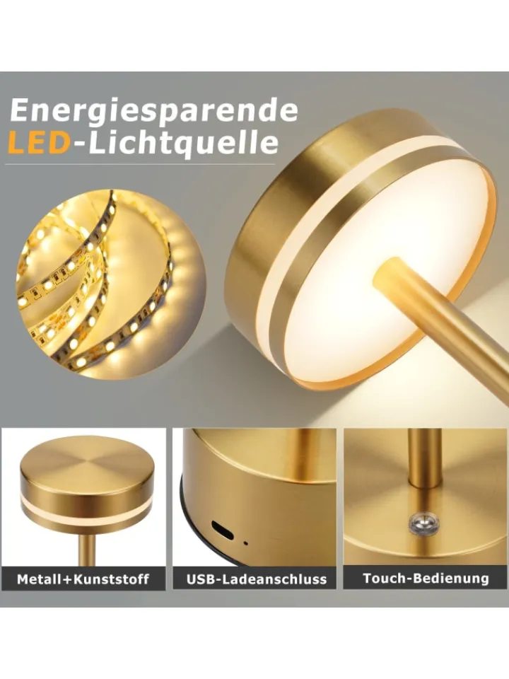 ZMH Tischleuchten<2er-Set Tischleuchte LED in gold Akku Kabellos Touch Dimmbar H 31.5cm