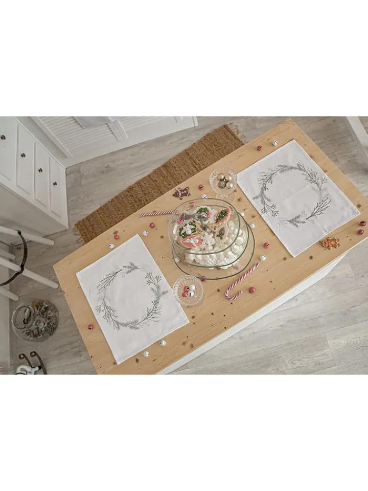 Butter Kings Tisch- & Küchentextilien<2er-Set: Tischsets "Christmas twigs" in Weiß/ Grün/ Grau - (L)35 x (B)45 cm