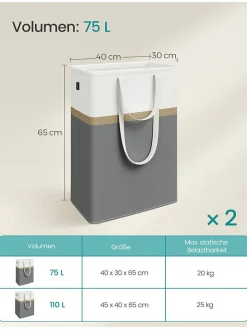 SONGMICS Wäschekörbe & -Ständer<2er-Set: Wäschekörbe in Dunkelgrau/ Weiß - (B)40 x (H)65 x (T)30 cm