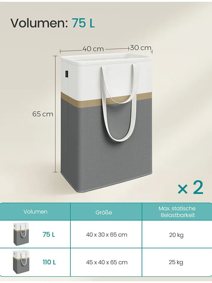 SONGMICS Wäschekörbe & -Ständer<2er-Set: Wäschekörbe in Dunkelgrau/ Weiß - (B)40 x (H)65 x (T)30 cm