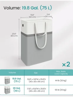 SONGMICS Wäschekörbe & -Ständer<2er-Set: Wäschekörbe in Grau/ Weiß - (B)40 x (H)65 x (T)30 cm
