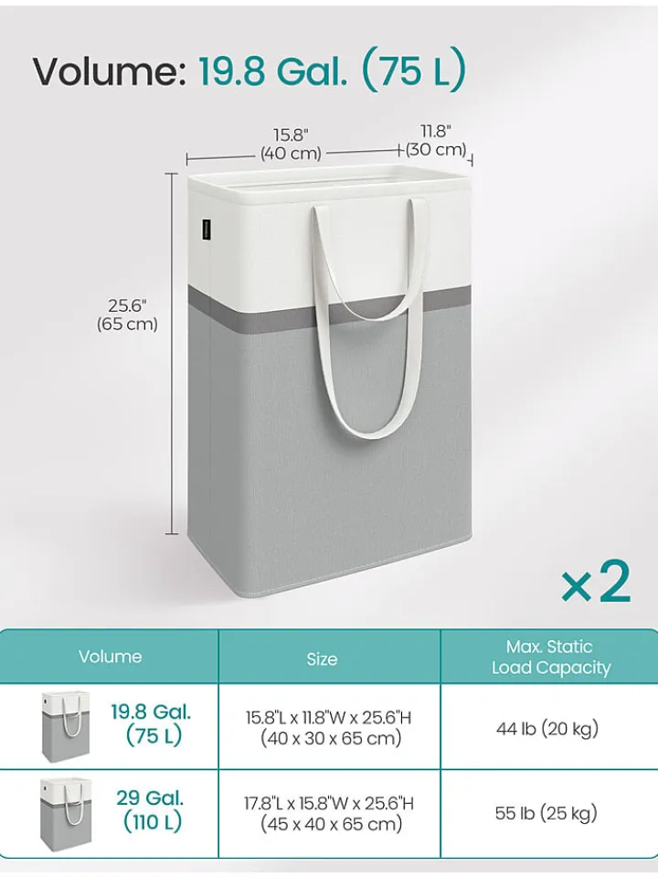 SONGMICS Wäschekörbe & -Ständer<2er-Set: Wäschekörbe in Grau/ Weiß - (B)40 x (H)65 x (T)30 cm