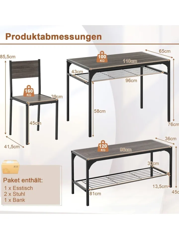 COSTWAY Möbel-Sets<Esstisch 4 tlg. Set in Grau