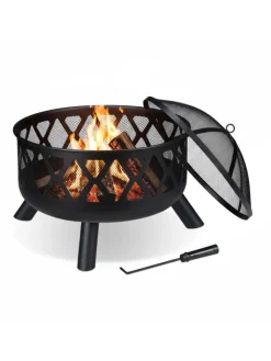 relaxdays Grillen<Feuerschale mit Funkenschutz in Schwarz - Ø 62 cm