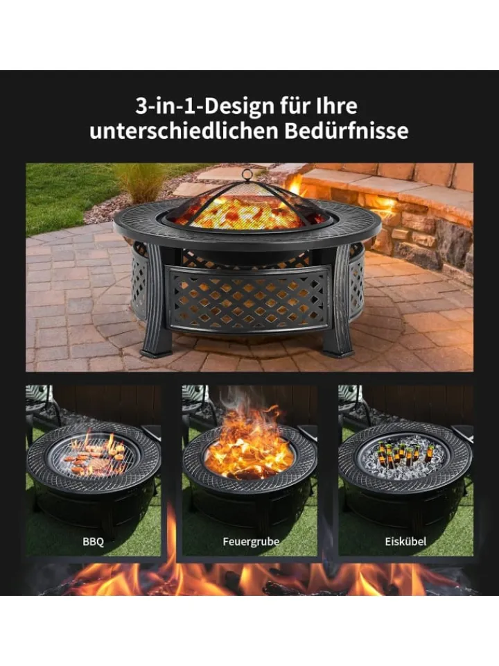 COSTWAY Grillen<Feuerschale mit Grillrost in Schwarz