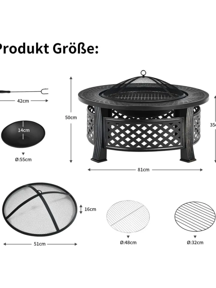 COSTWAY Grillen<Feuerschale mit Grillrost in Schwarz