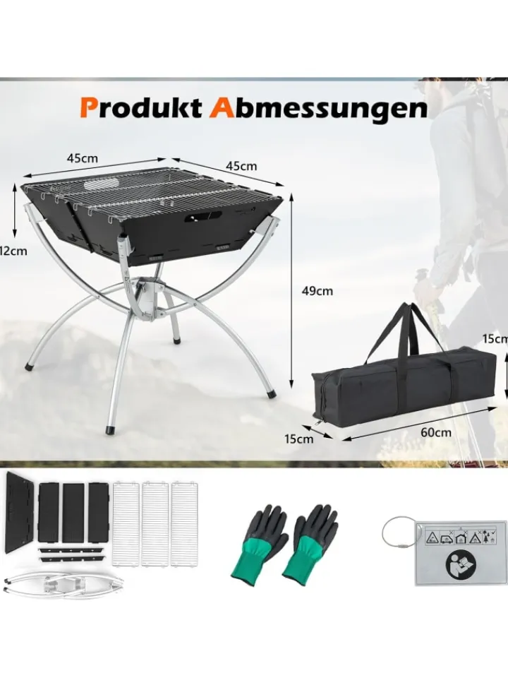 COSTWAY Grillen<Feuerstelle Campinggrill 3in1 45x45x49cm in Schwarz