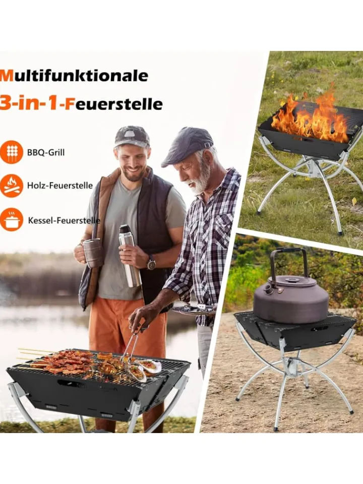COSTWAY Grillen<Feuerstelle Campinggrill 3in1 45x45x49cm in Schwarz