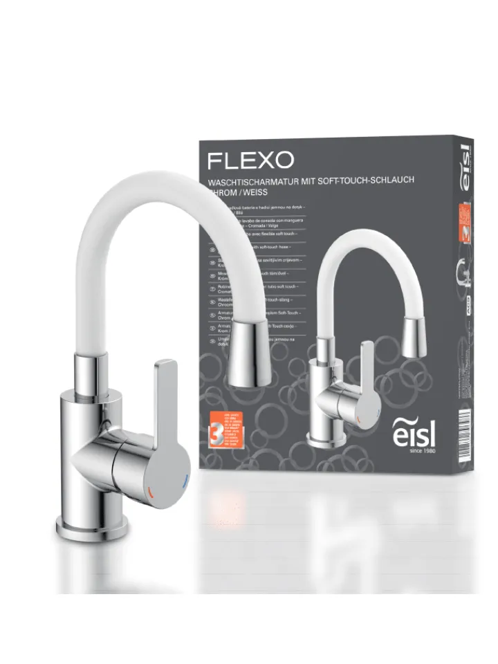 Eisl Badarmaturen<FLEXO Waschtischarmatur, Chrom/Weiß, mit flexiblem Auslauf