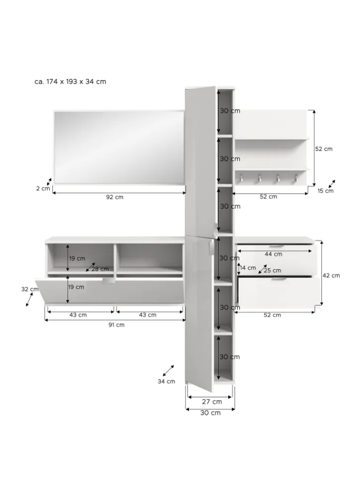 xonox.home Möbel-Sets<Garderobenkombination (B/H/T: 174x191x37 cm) in weiß hochglanz
