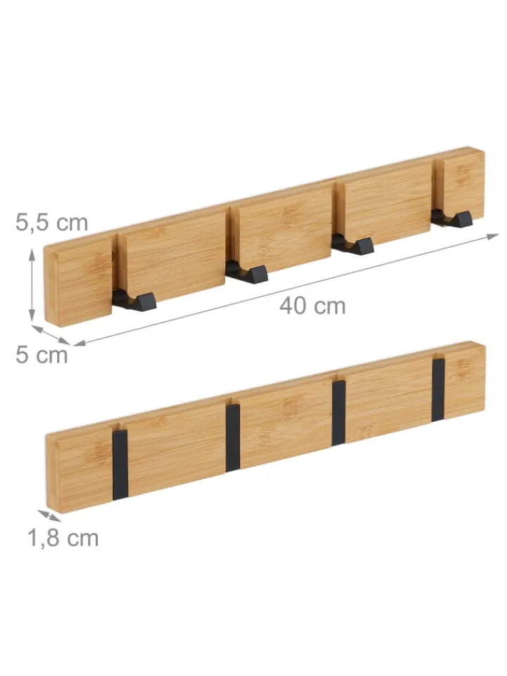 relaxdays Garderoben<Garderobenleiste in Natur/ Schwarz - (B)40 x (H)5,5 x (T)5 cm