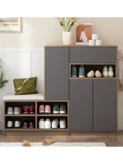 ABRIHOME Garderoben<Garderobenset in Grau mit Sitzbank 4 Haken und Schubladen 100x180x35 cm