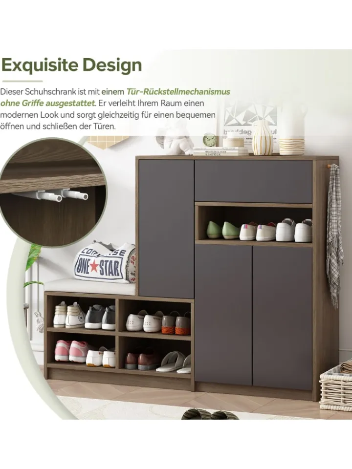 ABRIHOME Garderoben<Garderobenset in Grau mit Sitzbank 4 Haken und Schubladen 100x180x35 cm