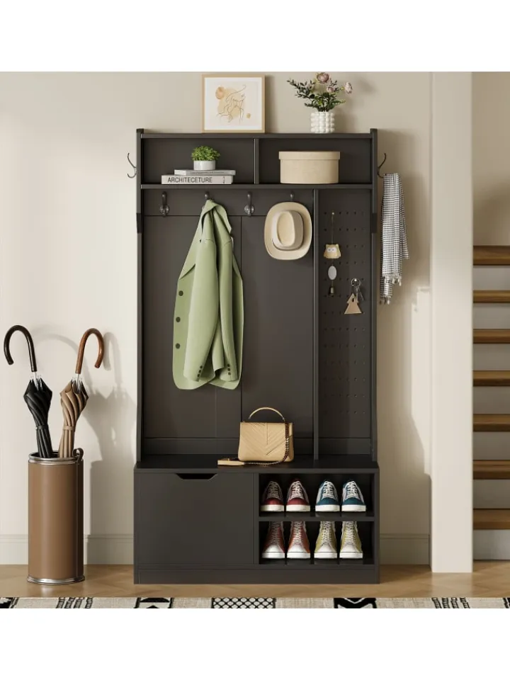 ABRIHOME Garderoben<Garderobenset mit Sitzbank in Schwarz - 100×185.5×40 cm