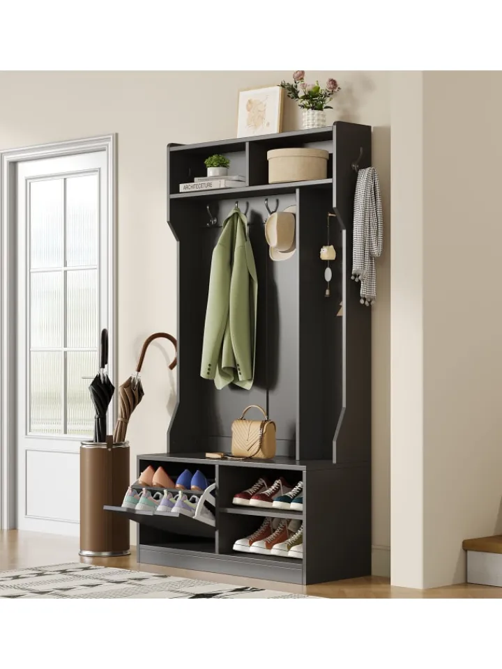 ABRIHOME Garderoben<Garderobenset mit Sitzbank in Schwarz - 100×185.5×40 cm