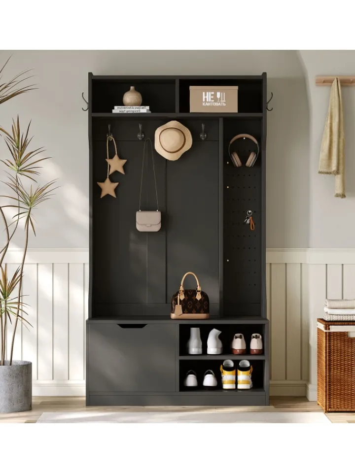 ABRIHOME Garderoben<Garderobenset mit Sitzbank in Schwarz - 100×185.5×40 cm