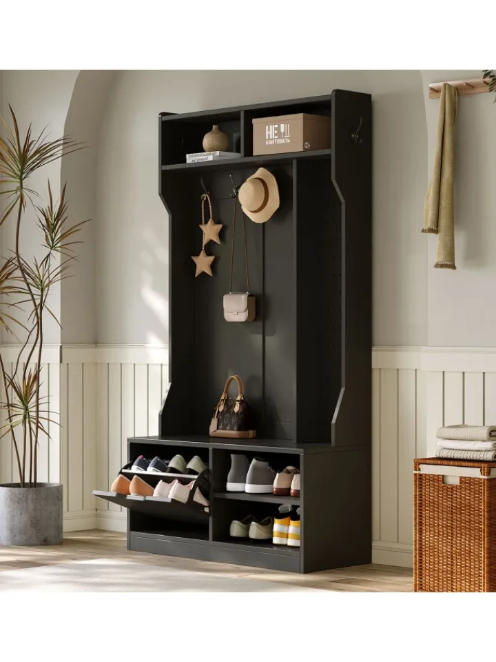 ABRIHOME Garderoben<Garderobenset mit Sitzbank in Schwarz - 100×185.5×40 cm