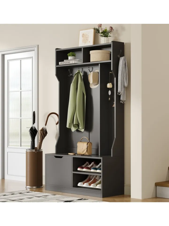 ABRIHOME Garderoben<Garderobenset mit Sitzbank in Schwarz - 100×185.5×40 cm