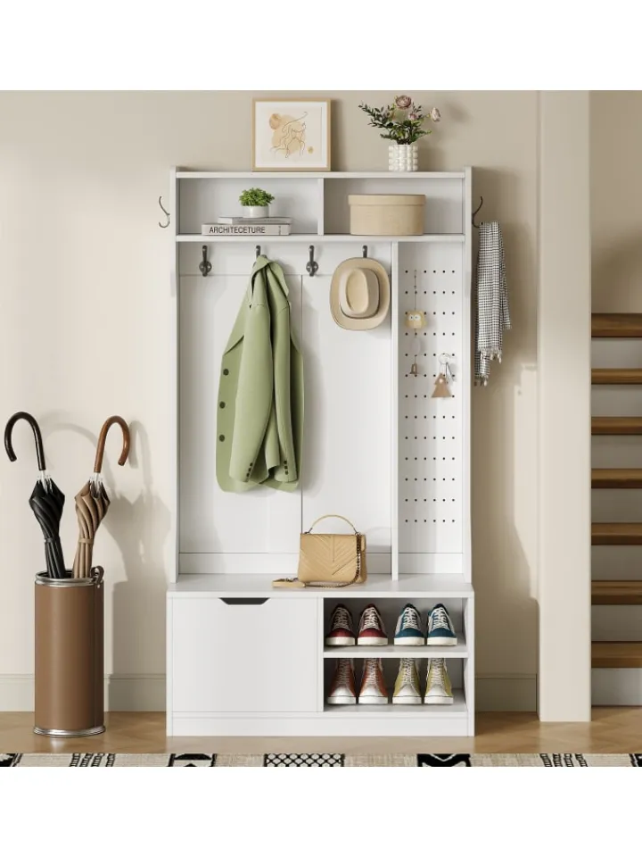 ABRIHOME Garderoben<Garderobenset mit Sitzbank in Weiß - 100×185.5×40 cm