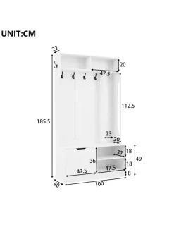 ABRIHOME Garderoben<Garderobenset mit Sitzbank in Weiß - 100×185.5×40 cm