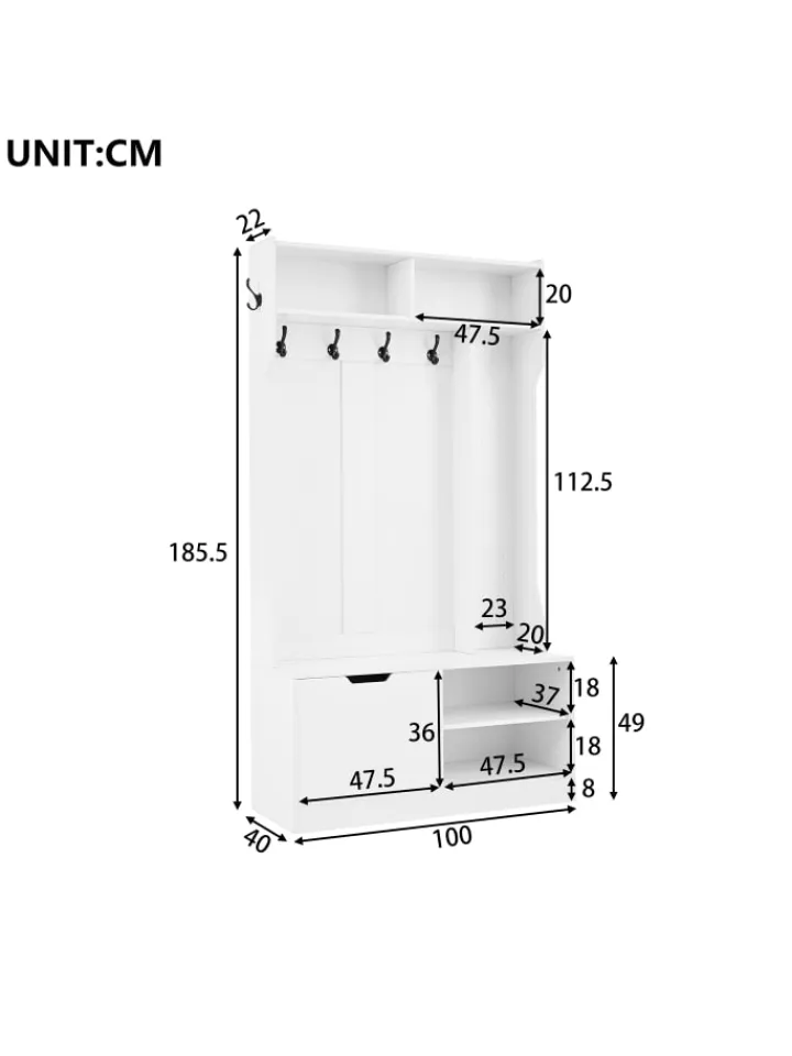 ABRIHOME Garderoben<Garderobenset mit Sitzbank in Weiß - 100×185.5×40 cm