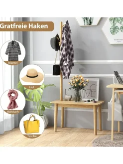 COSTWAY Wäschekörbe & -Ständer<Garderobenständer mit Beistelltisch 3 in 1 in Beige