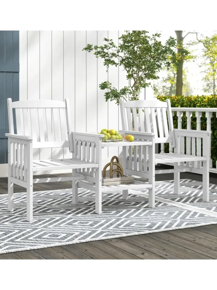 COSTWAY Gartenmöbel<Gartenbank mit Tisch 165x60x88cm in Weiß