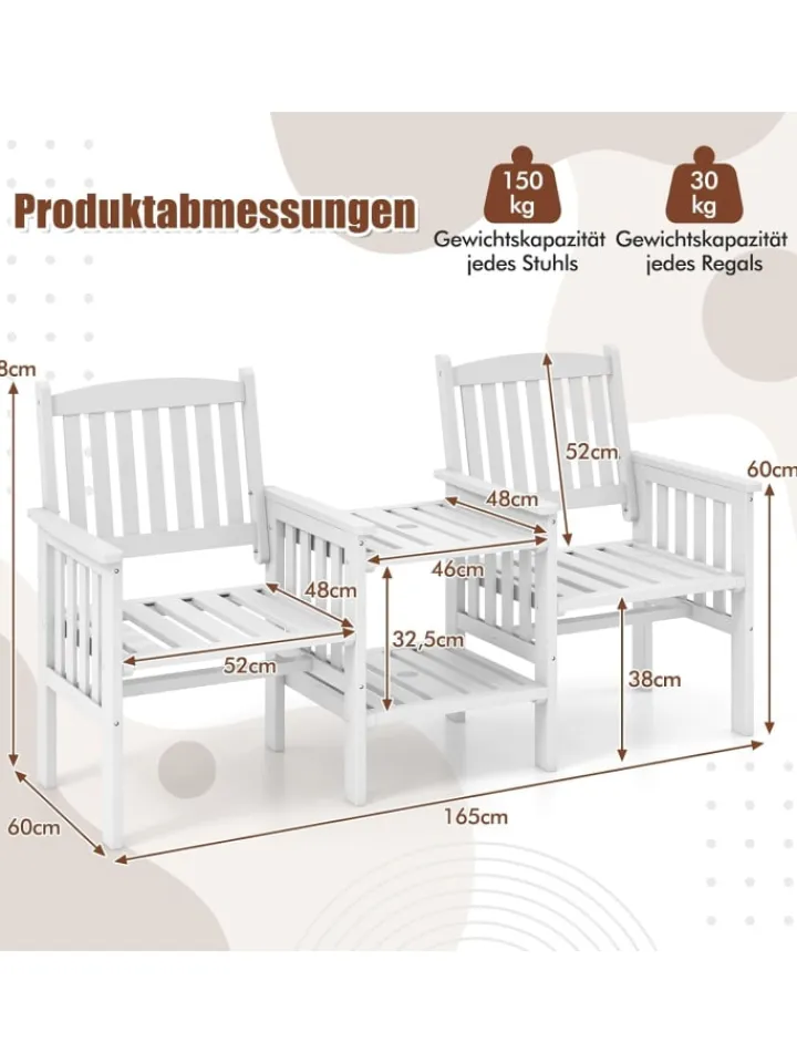 COSTWAY Gartenmöbel<Gartenbank mit Tisch 165x60x88cm in Weiß