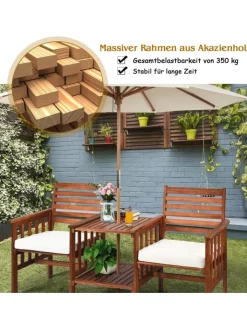 COSTWAY Gartenmöbel<Gartenbank 2-Sitzer mit Beistelltisch in Braun