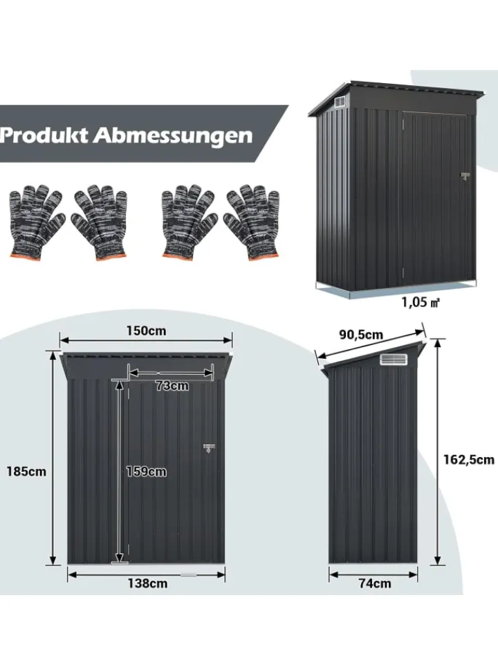 COSTWAY Pflanzen & Zubehör<Gartenhaus Metall 1,88 m³ Türgröße: 72,5x159cm in Grau