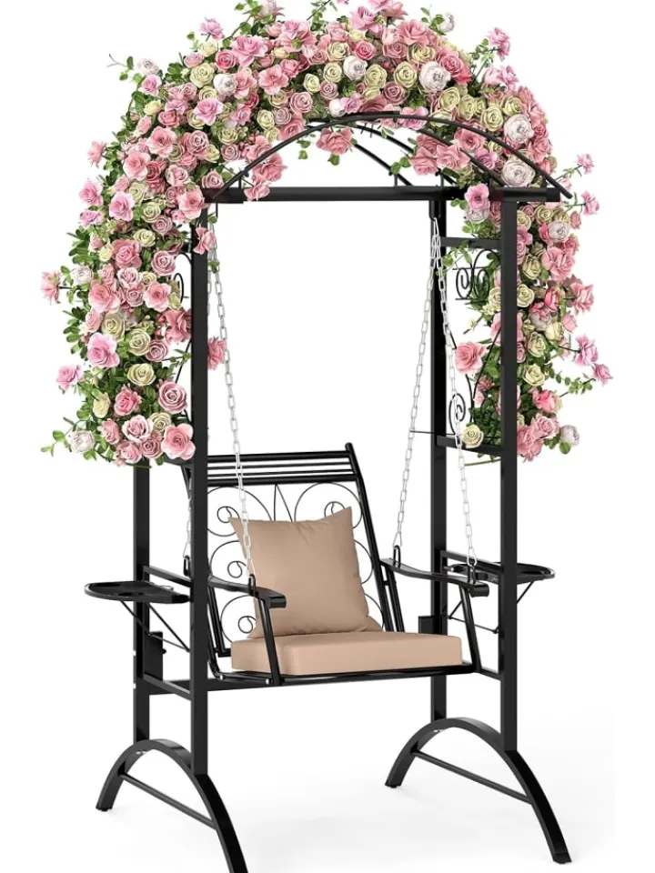 COSTWAY Gartenmöbel<Gartenschaukel mit Gestell & 2 Rankgittern in Schwarz