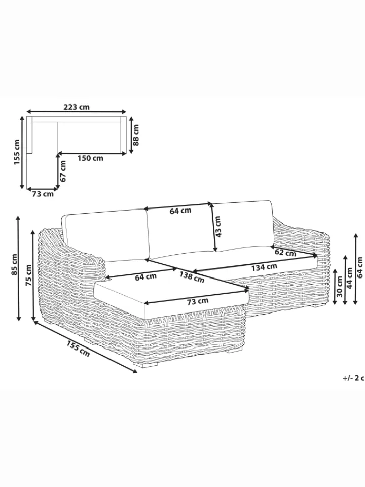 Beliani Gartenmöbel<Gartensofa VALLETRI in Grau - (W) 155 x (H) 85 x (L) 223 cm