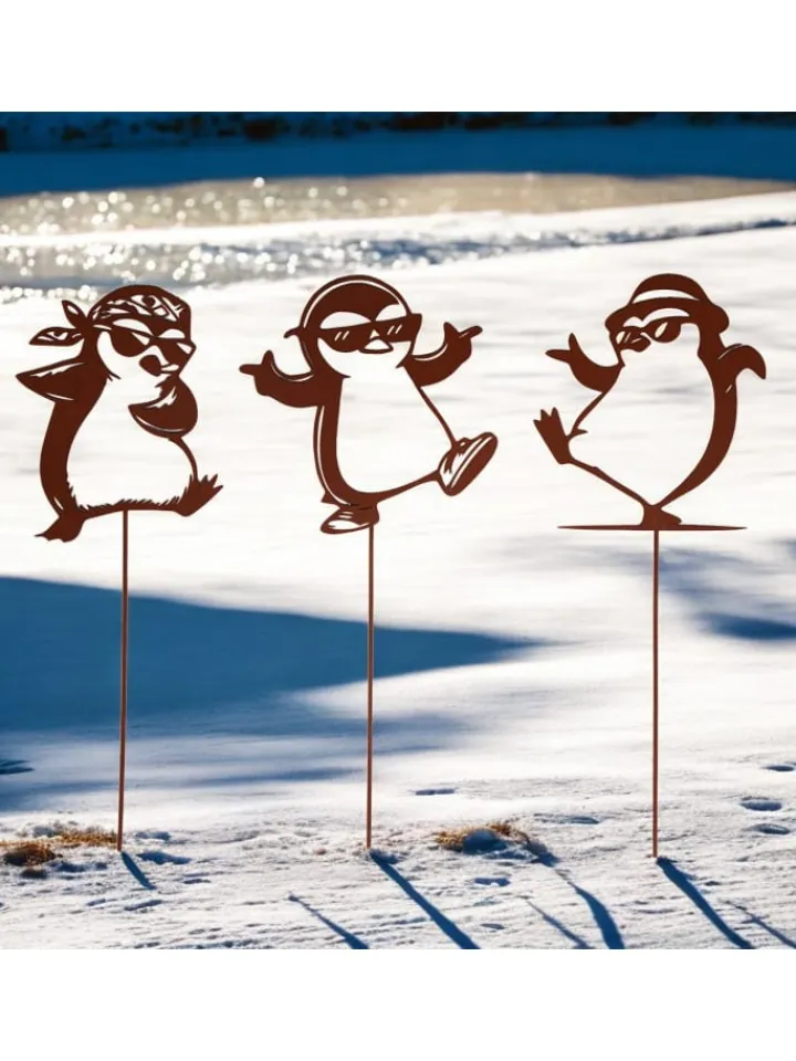 UNUS Gartendekoration<Gartenstecker Pinguine, Lustige Gartendeko aus Metall in Braun
