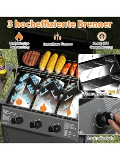 COSTWAY Grillen<Gasgrill mit 3 Brenner 7 kW in Schwarz