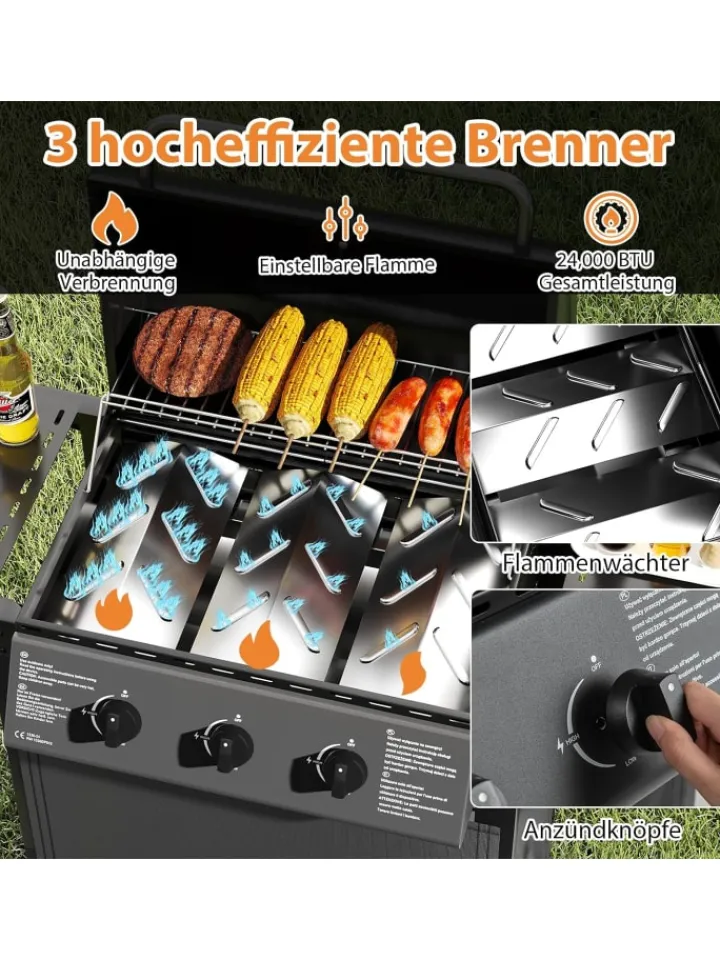 COSTWAY Grillen<Gasgrill mit 3 Brenner 7 kW in Schwarz