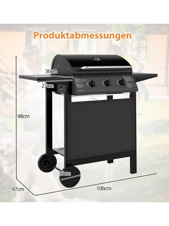 COSTWAY Grillen<Gasgrill mit 3 Brenner 7 kW in Schwarz