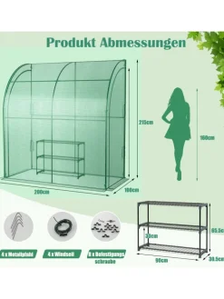 COSTWAY Pflanzen & Zubehör<Gewächshaus begehbar mit drei Regalebenen 200x100x215cm in Grün