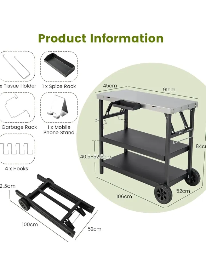 COSTWAY Grillen<Grillwagen 3 Ablagen in Schwarz