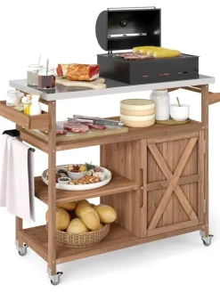 COSTWAY Grillen<Grillwagen Outdoor Servierwagen 118 x 47 x 92 cm in Braun