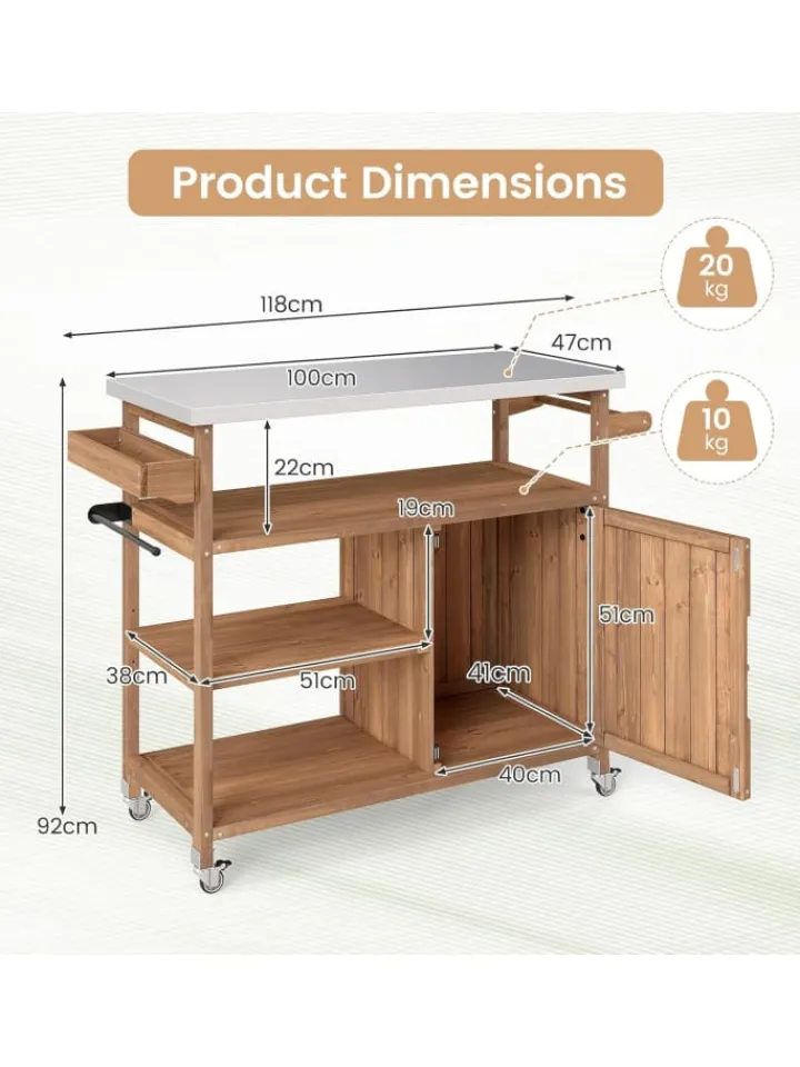 COSTWAY Grillen<Grillwagen Outdoor Servierwagen 118 x 47 x 92 cm in Braun