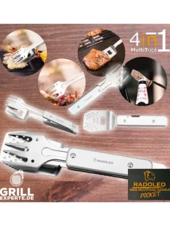 RADOLEO Grillen<Grillwerkzeug Grill-Multi-Tool GENIUS POCKET 4in1 Grillbesteck in silber