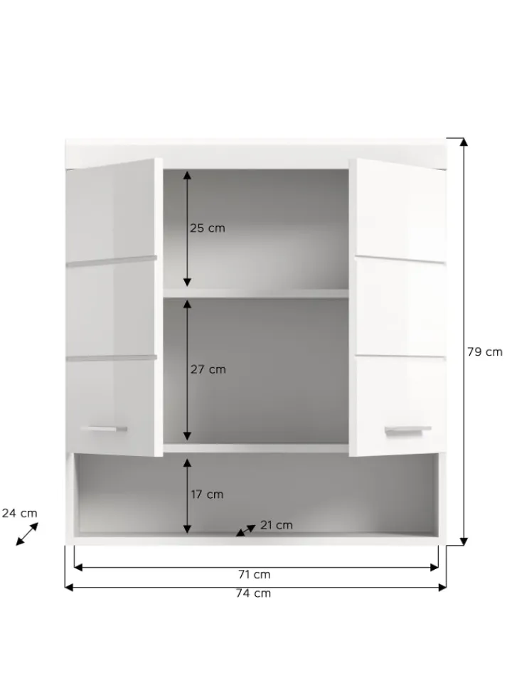 xonox.home Badmöbel<Hängeschrank in weiß/weiß hochglanz - (B) 74 x (H) 79 x (T) 24