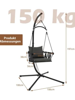 COSTWAY Gartenmöbel<Hängesessel mit Gestell & Aufhängegurt bis 150kg in Grau