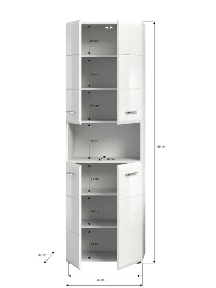 xonox.home Badmöbel|Badezimmermöbel<Hochschrank breit in Weiß/Weiß Hochglanz - (B) 60 x (H) 185 x (T) 30