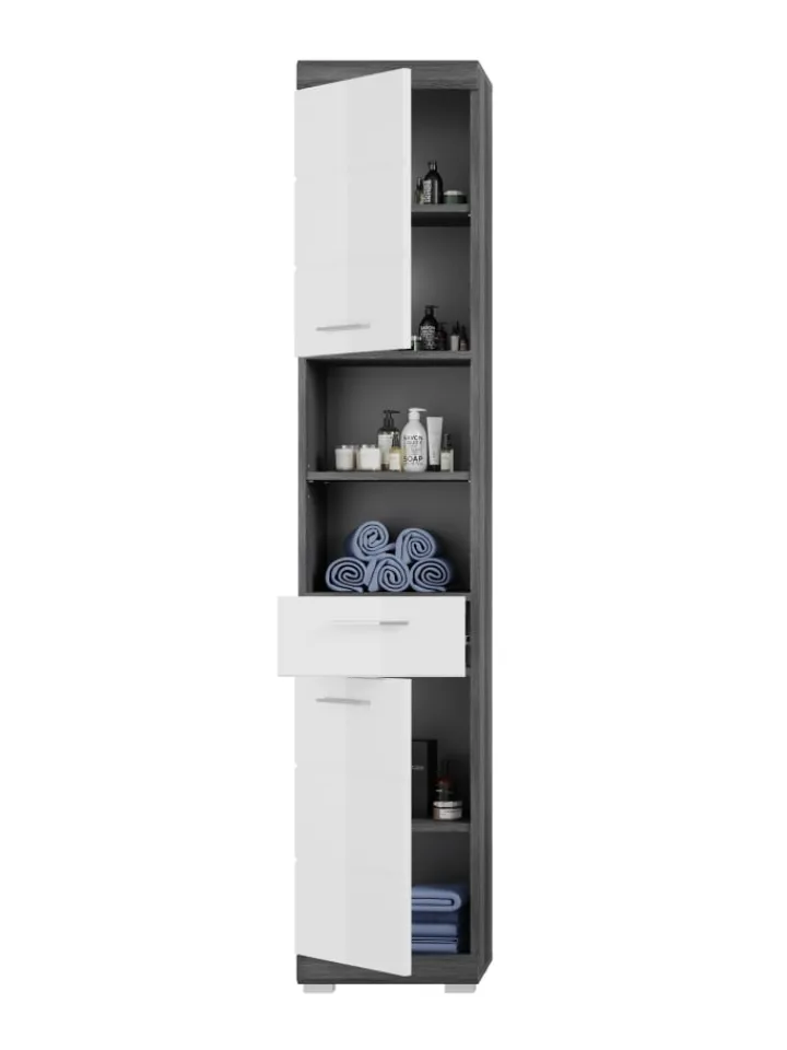 xonox.home Badmöbel<Hochschrank in Rauchsilber/weiß hochglanz - (B) 37 x (H) 191 x (T) 31