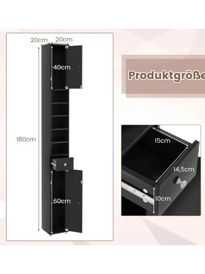 COSTWAY Badmöbel|Badezimmermöbel<Hochschrank schmal 180 cm in Schwarz