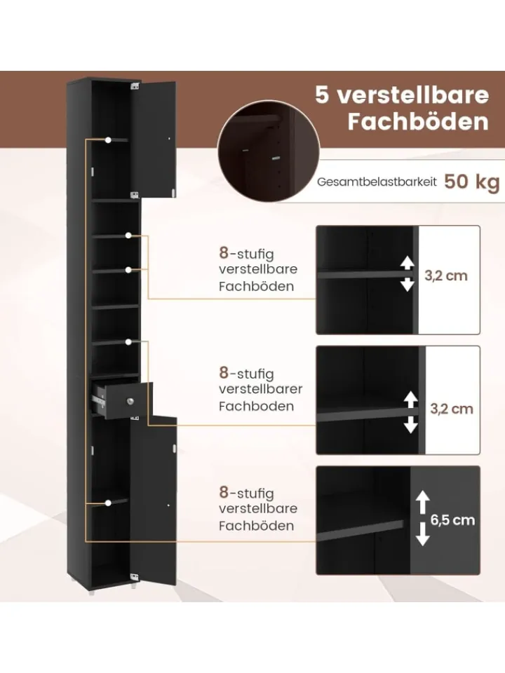 COSTWAY Badmöbel|Badezimmermöbel<Hochschrank schmal 180 cm in Schwarz